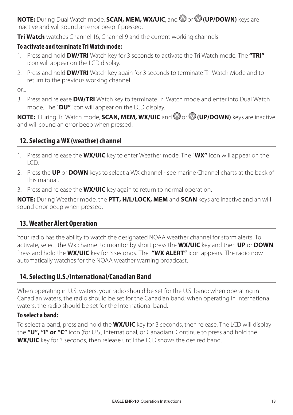 Selecting a wx (weather) channel, Weather alert operation, Selecting u.s./international/canadian band | Eagle Electronics EHR-10 User Manual | Page 13 / 28