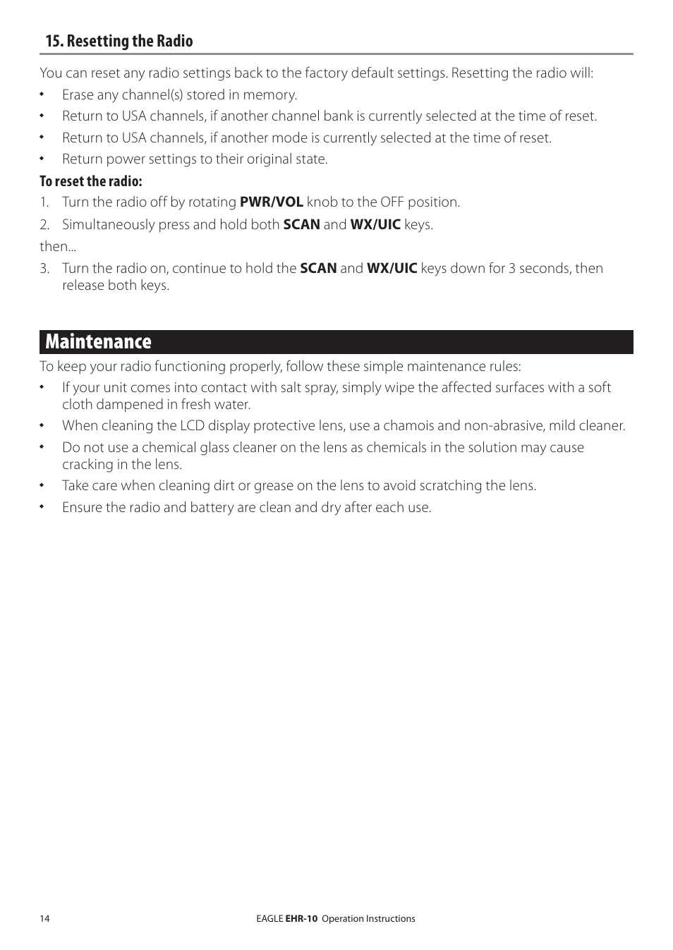 Resetting the radio, Maintenance | Eagle Electronics EHR-10 User Manual | Page 14 / 28