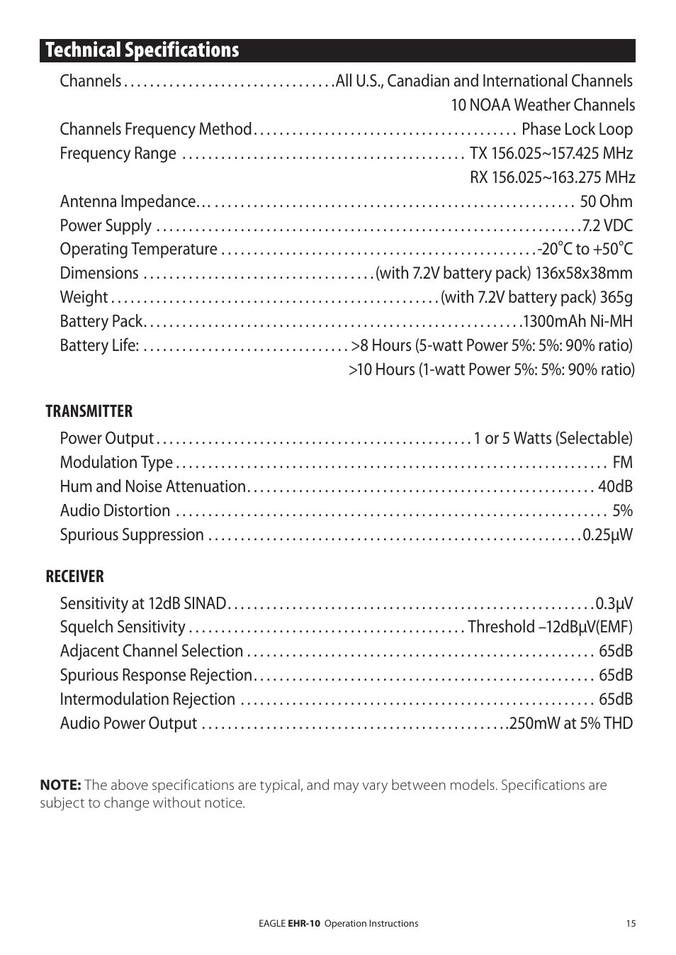 Technical specifications | Eagle Electronics EHR-10 User Manual | Page 15 / 28