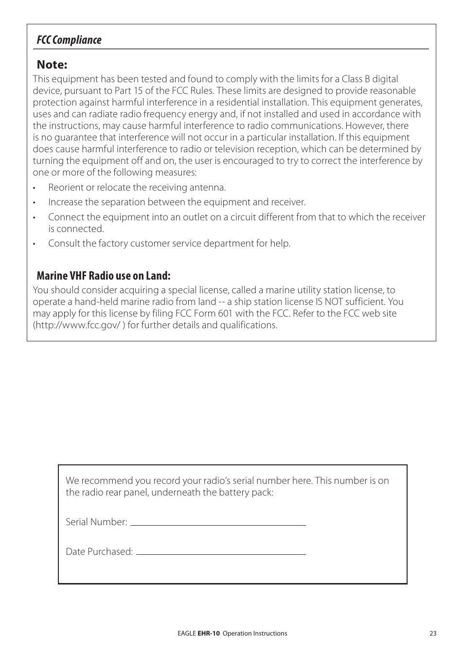 Fcc compliance, Marine vhf radio use on land | Eagle Electronics EHR-10 User Manual | Page 23 / 28