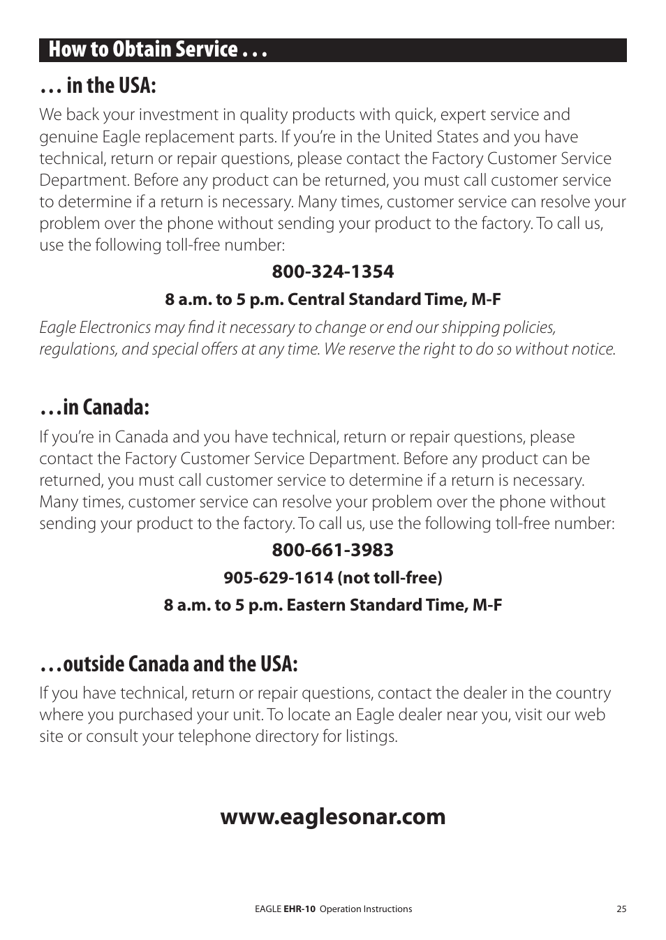 How to obtain service, Outside canada and the usa | Eagle Electronics EHR-10 User Manual | Page 25 / 28