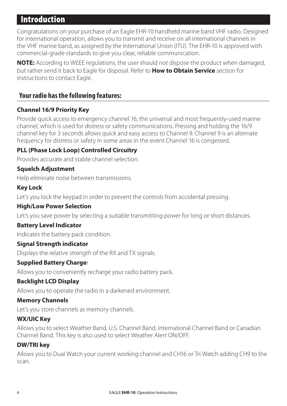 Introduction, Your radio has the following features | Eagle Electronics EHR-10 User Manual | Page 4 / 28