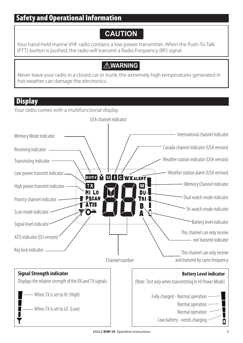 Safety and operational information, Display, Safety and operational information display | Caution, Caution danger warning | Eagle Electronics EHR-10 User Manual | Page 5 / 28