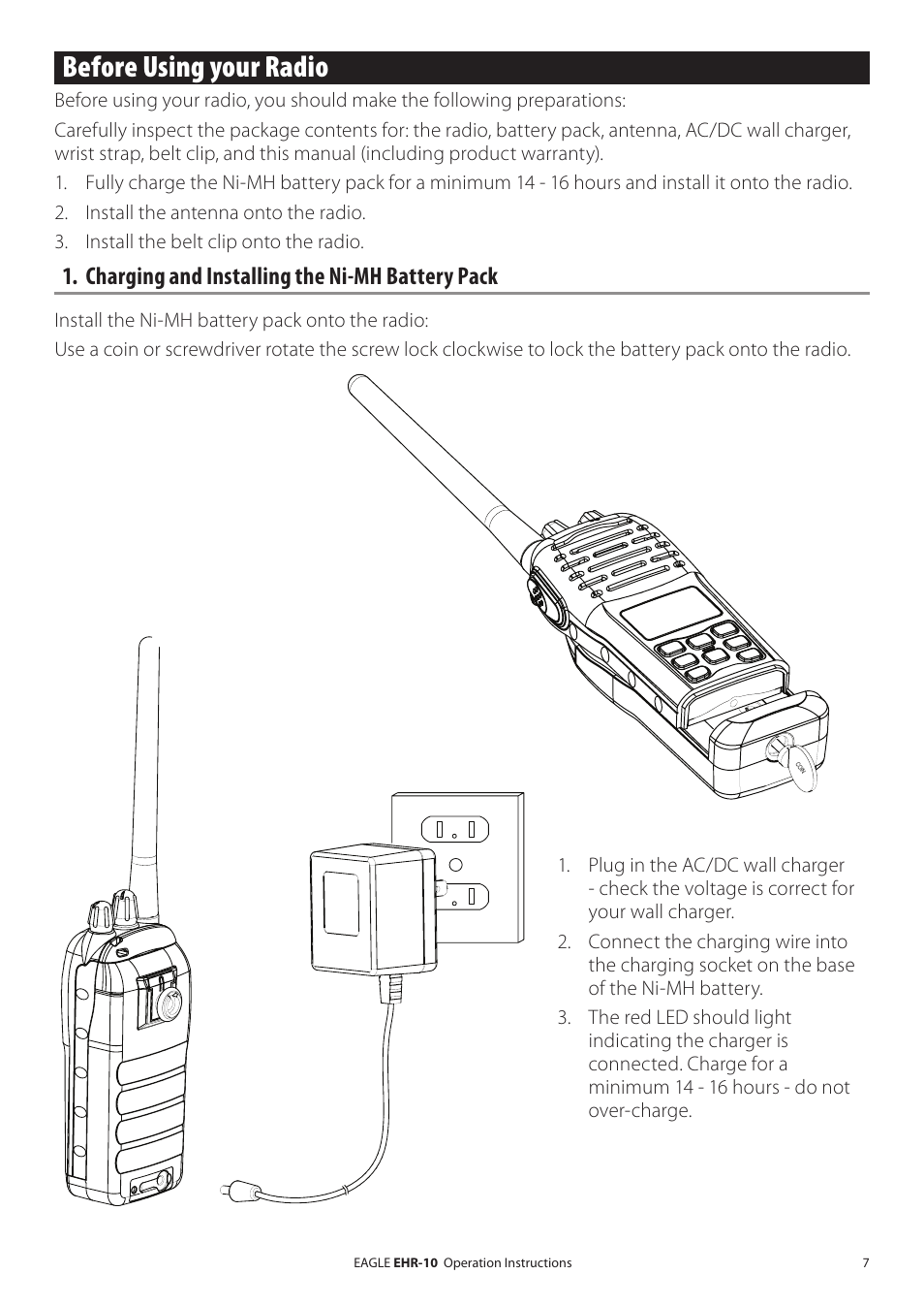 Before using your radio, Charging and installing the ni-mh battery pack | Eagle Electronics EHR-10 User Manual | Page 7 / 28
