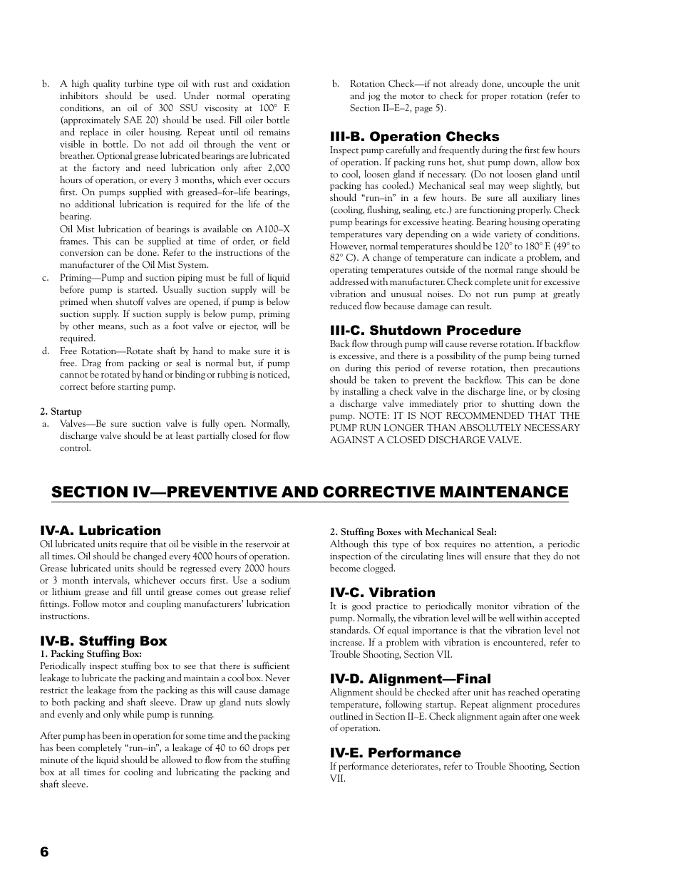 Iii-b. operation checks, Iii-c. shutdown procedure, Iv-a. lubrication | Iv-b. stufng box, Iv-c. vibration, Iv-d. alignment—final, Iv-e. performance | Eagle Pump & Compressor A100 ANSI PUMPS User Manual | Page 6 / 16