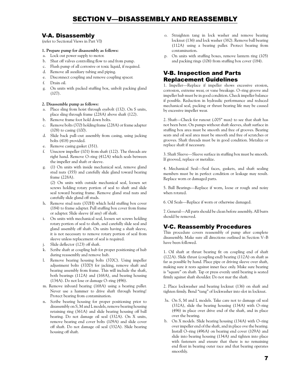 V-a. disassembly, V-b. inspection and parts replacement guidelines, V-c. reassembly procedures | Eagle Pump & Compressor A100 ANSI PUMPS User Manual | Page 7 / 16