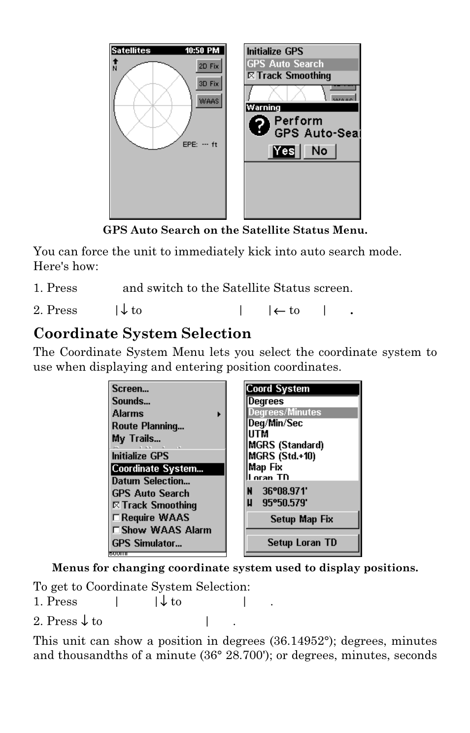 Coordinate system selection | Eagle Electronics Cuda 240 S/GPS User Manual | Page 113 / 140