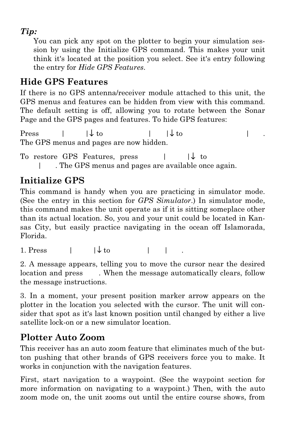 Hide gps features, Initialize gps, Plotter auto zoom | Eagle Electronics Cuda 240 S/GPS User Manual | Page 118 / 140