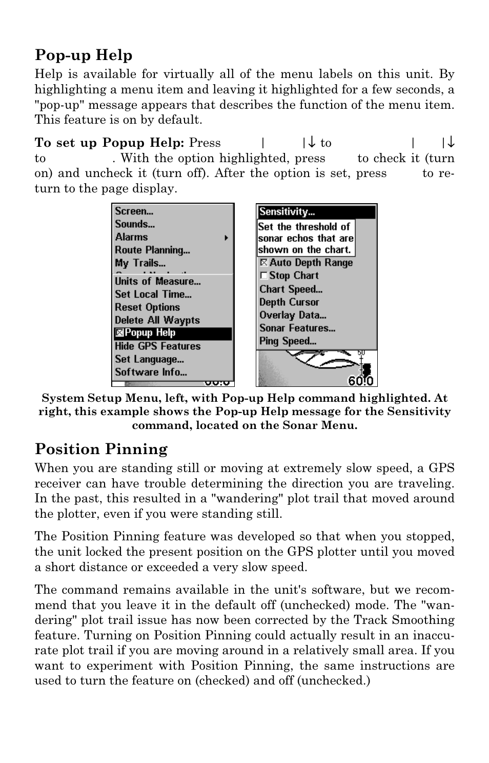 Pop-up help, Position pinning | Eagle Electronics Cuda 240 S/GPS User Manual | Page 122 / 140