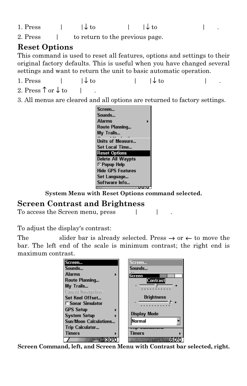 Reset options, Screen contrast and brightness | Eagle Electronics Cuda 240 S/GPS User Manual | Page 123 / 140