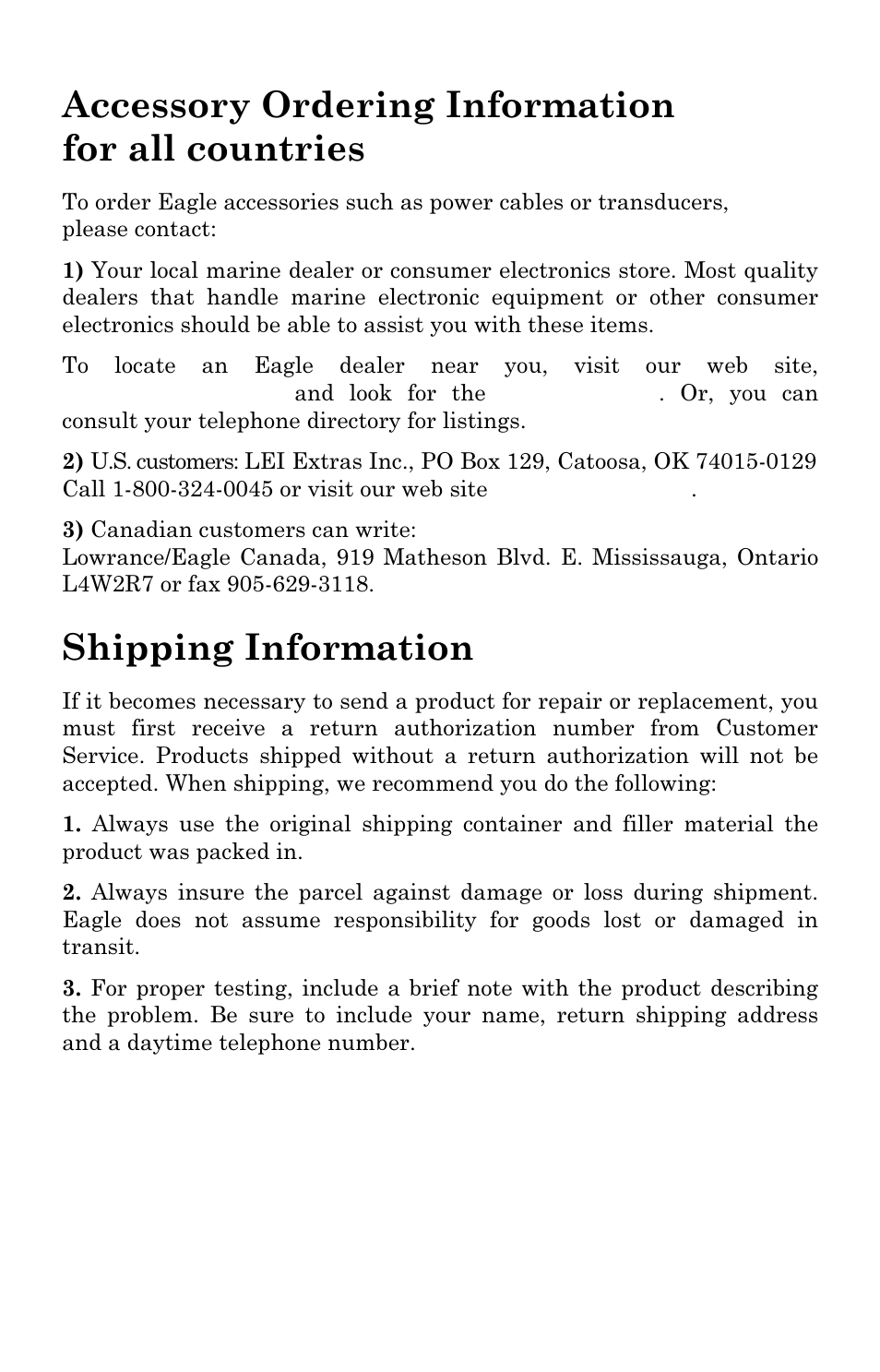 Accessory ordering information for all countries, Shipping information | Eagle Electronics Cuda 240 S/GPS User Manual | Page 139 / 140