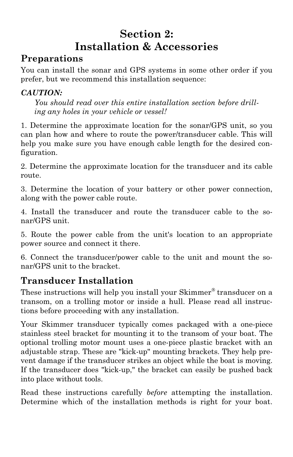 Preparations, Transducer installation | Eagle Electronics Cuda 240 S/GPS User Manual | Page 15 / 140