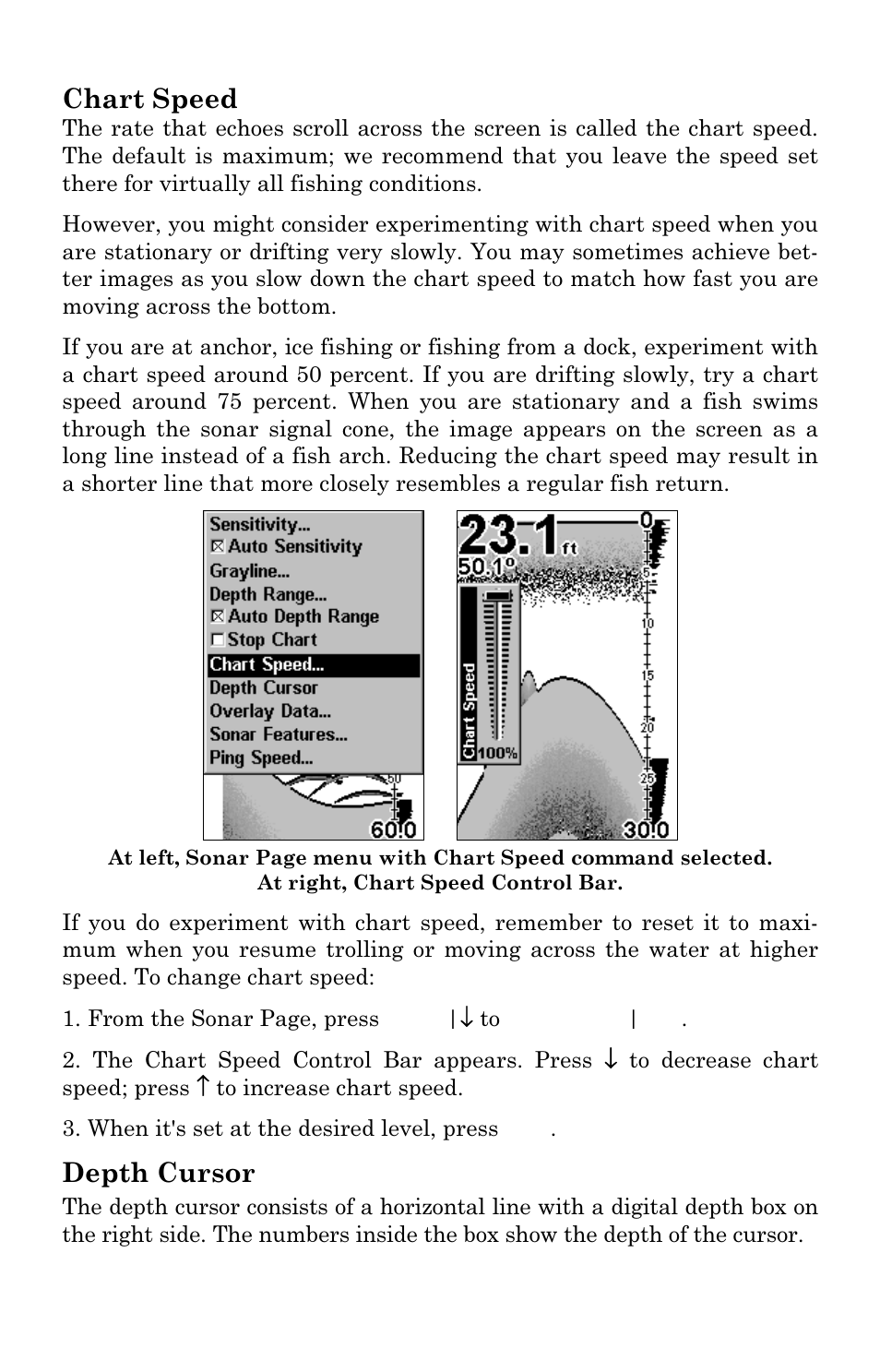 Chart speed, Depth cursor | Eagle Electronics Cuda 240 S/GPS User Manual | Page 53 / 140