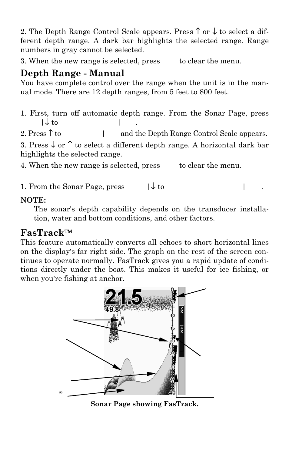 Depth range - manual, Fastrack | Eagle Electronics Cuda 240 S/GPS User Manual | Page 55 / 140