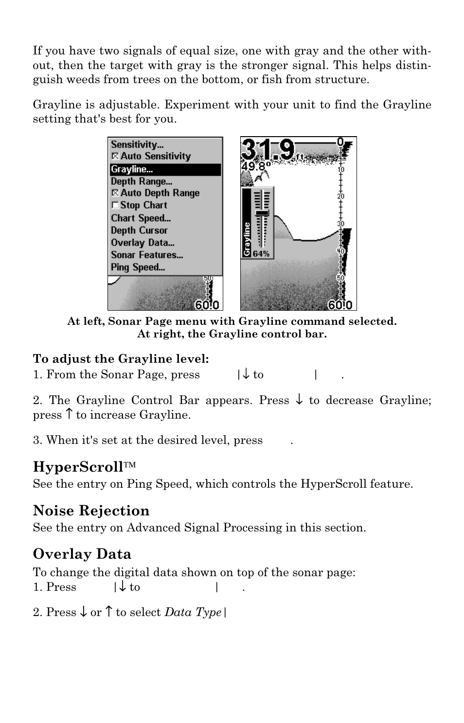 Hyperscroll, Noise rejection, Overlay data | Eagle Electronics Cuda 240 S/GPS User Manual | Page 58 / 140