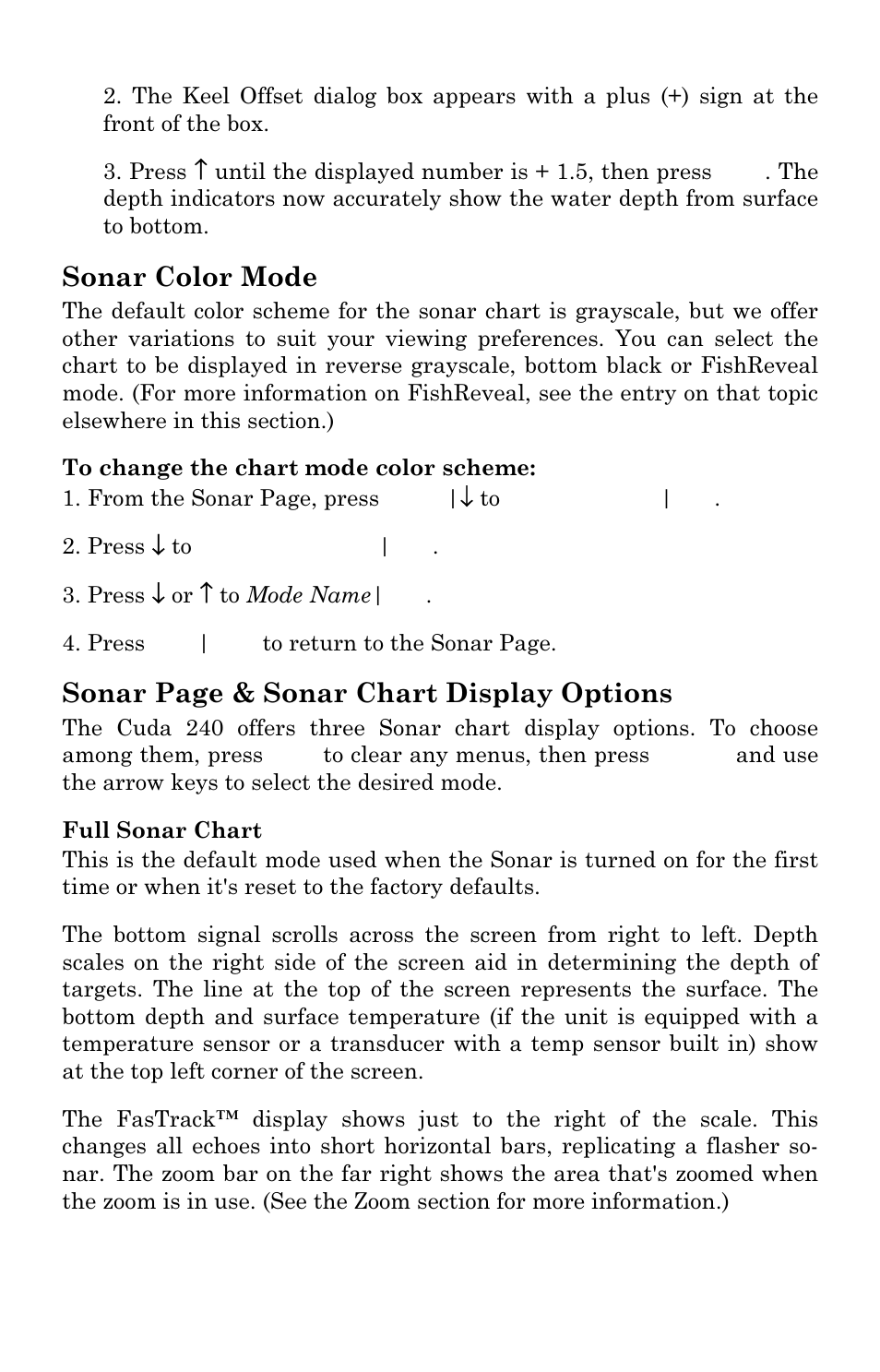 Sonar color mode, Sonar page & sonar chart display options | Eagle Electronics Cuda 240 S/GPS User Manual | Page 65 / 140