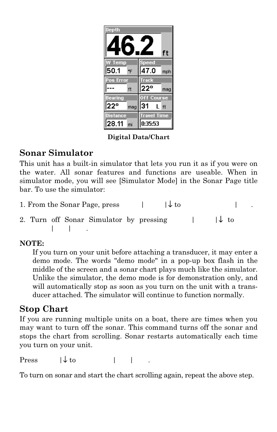 Sonar simulator, Stop chart | Eagle Electronics Cuda 240 S/GPS User Manual | Page 67 / 140