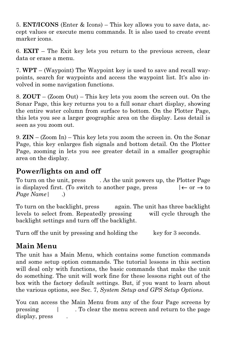 Power/lights on and off, Main menu | Eagle Electronics Cuda 240 S/GPS User Manual | Page 76 / 140