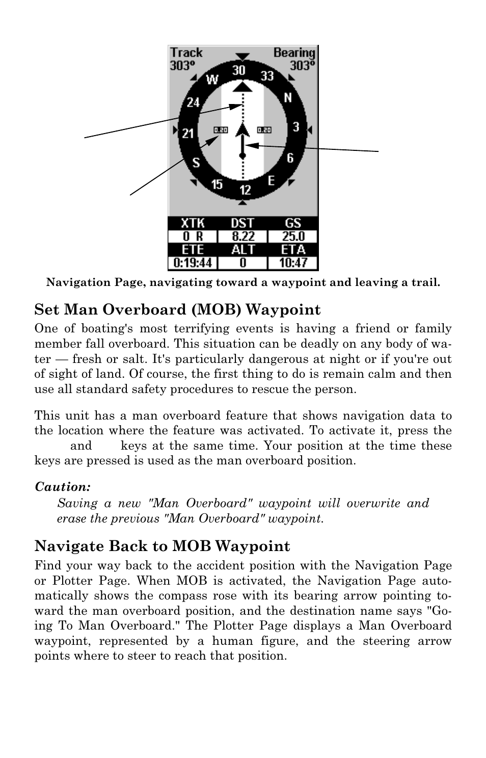 Set man overboard (mob) waypoint, Navigate back to mob waypoint | Eagle Electronics Cuda 240 S/GPS User Manual | Page 95 / 140