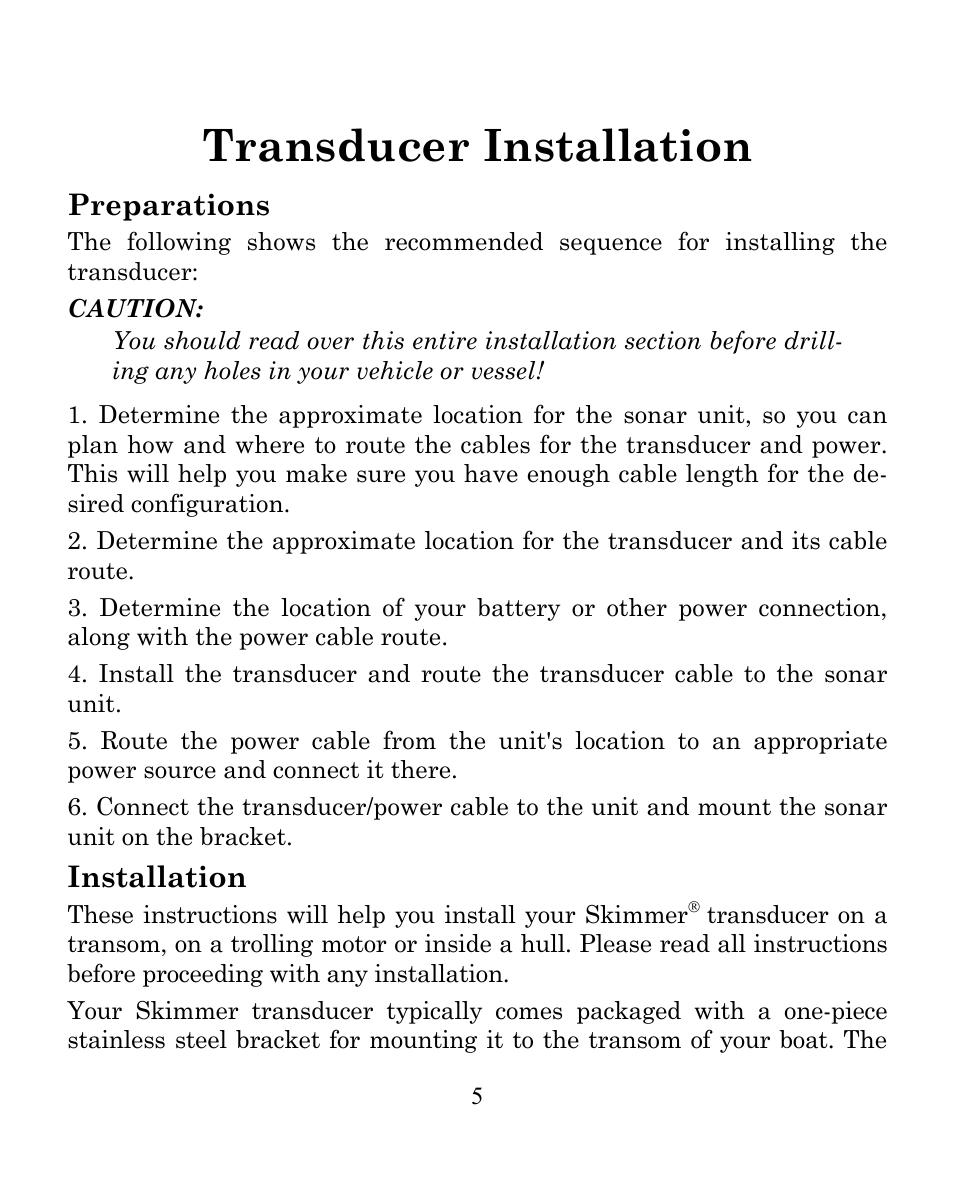 Transducer installation, Preparations, Installation | Eagle Electronics FISHEASY 240 User Manual | Page 11 / 92