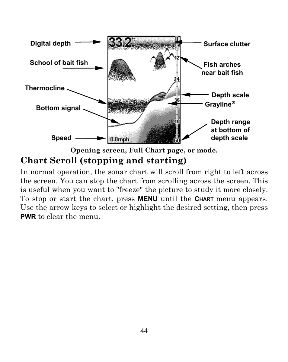 Chart scroll (stopping and starting) | Eagle Electronics FISHEASY 240 User Manual | Page 50 / 92