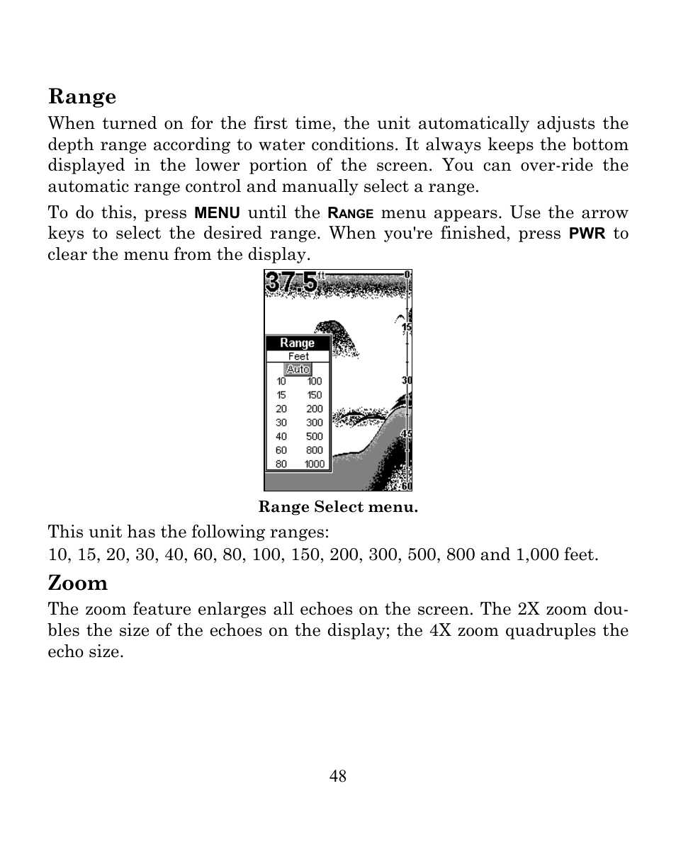 Range, Zoom | Eagle Electronics FISHEASY 240 User Manual | Page 54 / 92