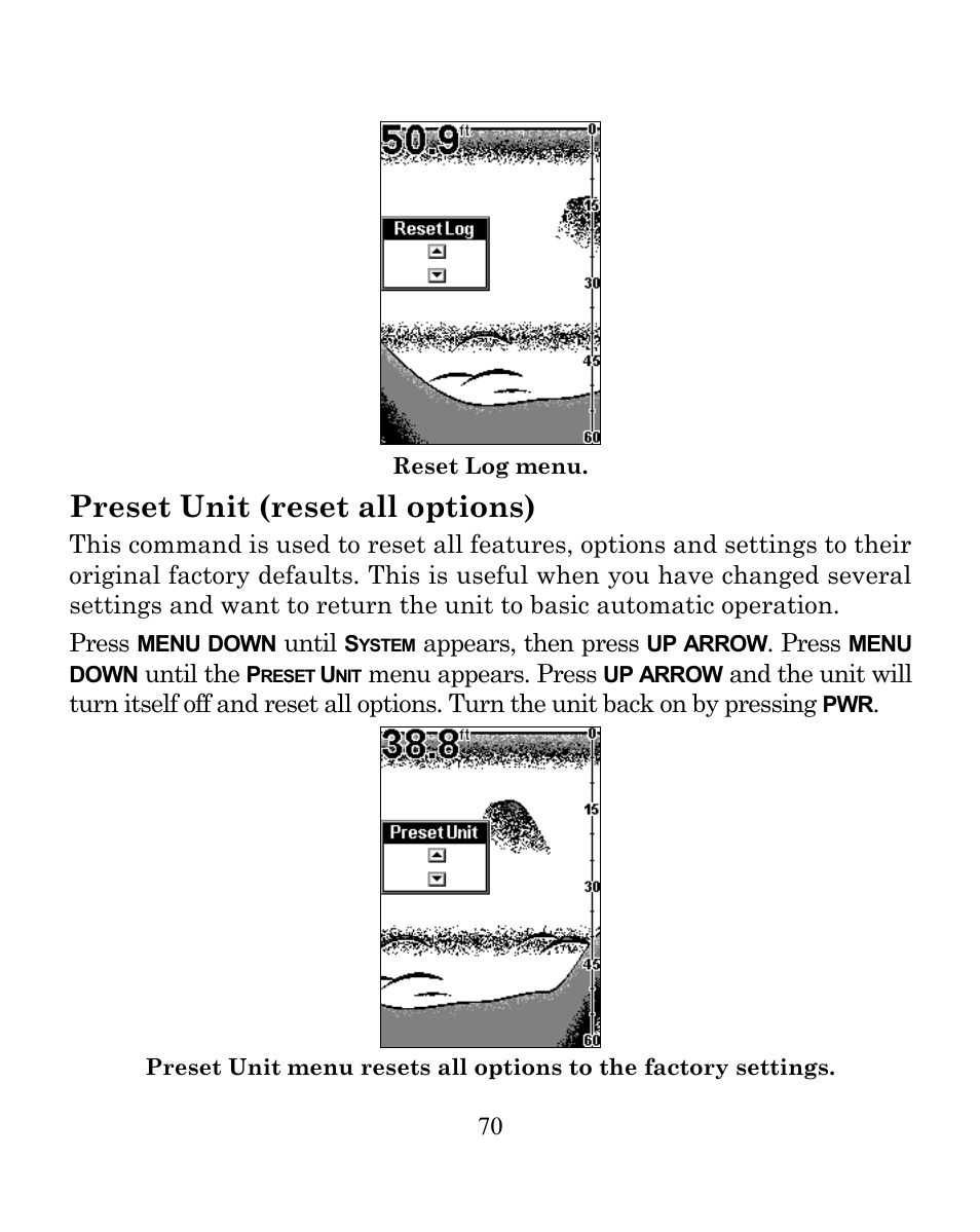 Preset unit (reset all options) | Eagle Electronics FISHEASY 240 User Manual | Page 76 / 92