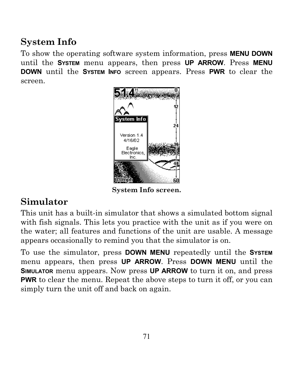 System info, Simulator | Eagle Electronics FISHEASY 240 User Manual | Page 77 / 92