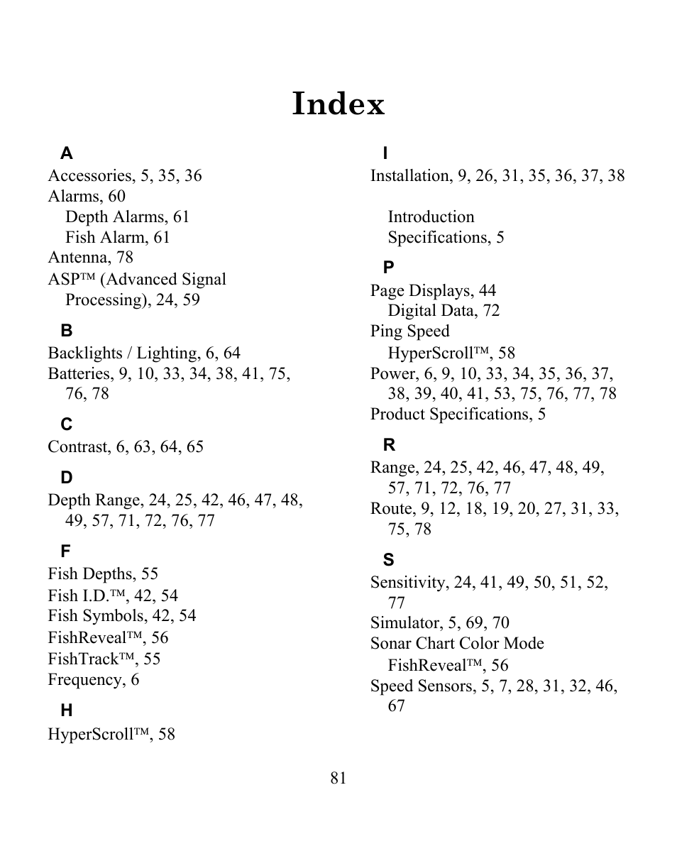 Index | Eagle Electronics FISHEASY 240 User Manual | Page 87 / 92