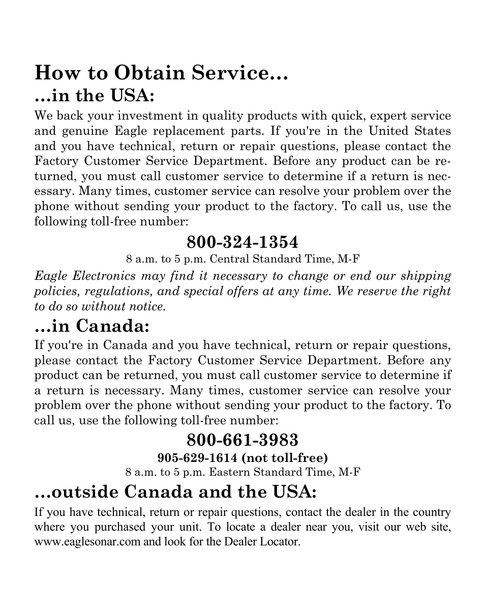 How to obtain service, Outside canada and the usa | Eagle Electronics FISHEASY 240 User Manual | Page 90 / 92