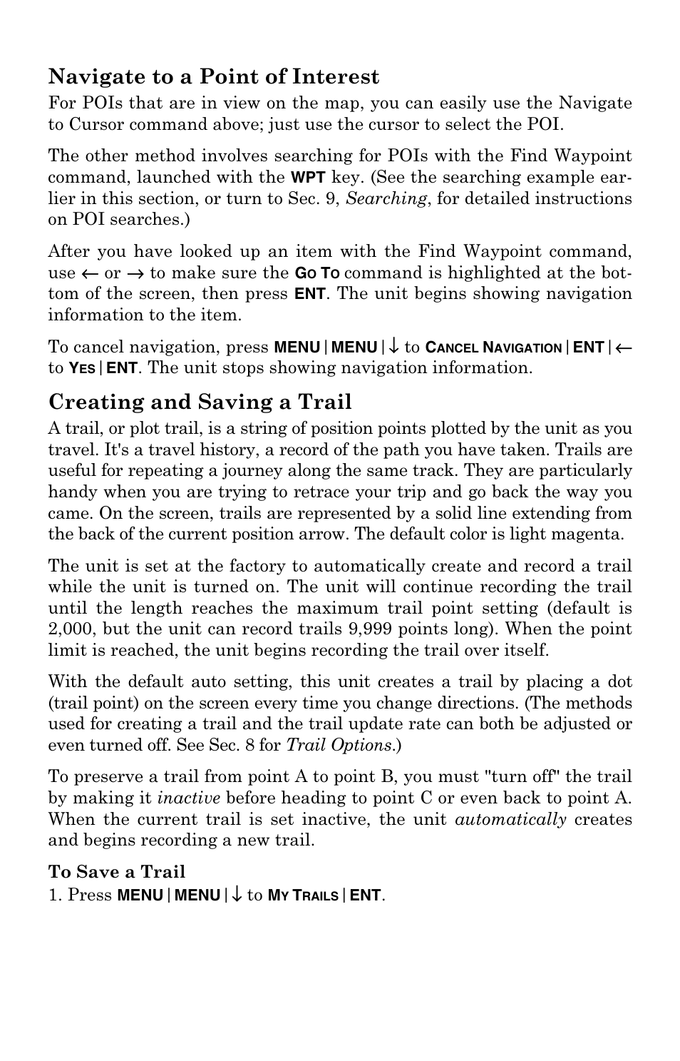 Navigate to a point of interest, Creating and saving a trail | Eagle Electronics FishElite User Manual | Page 123 / 204