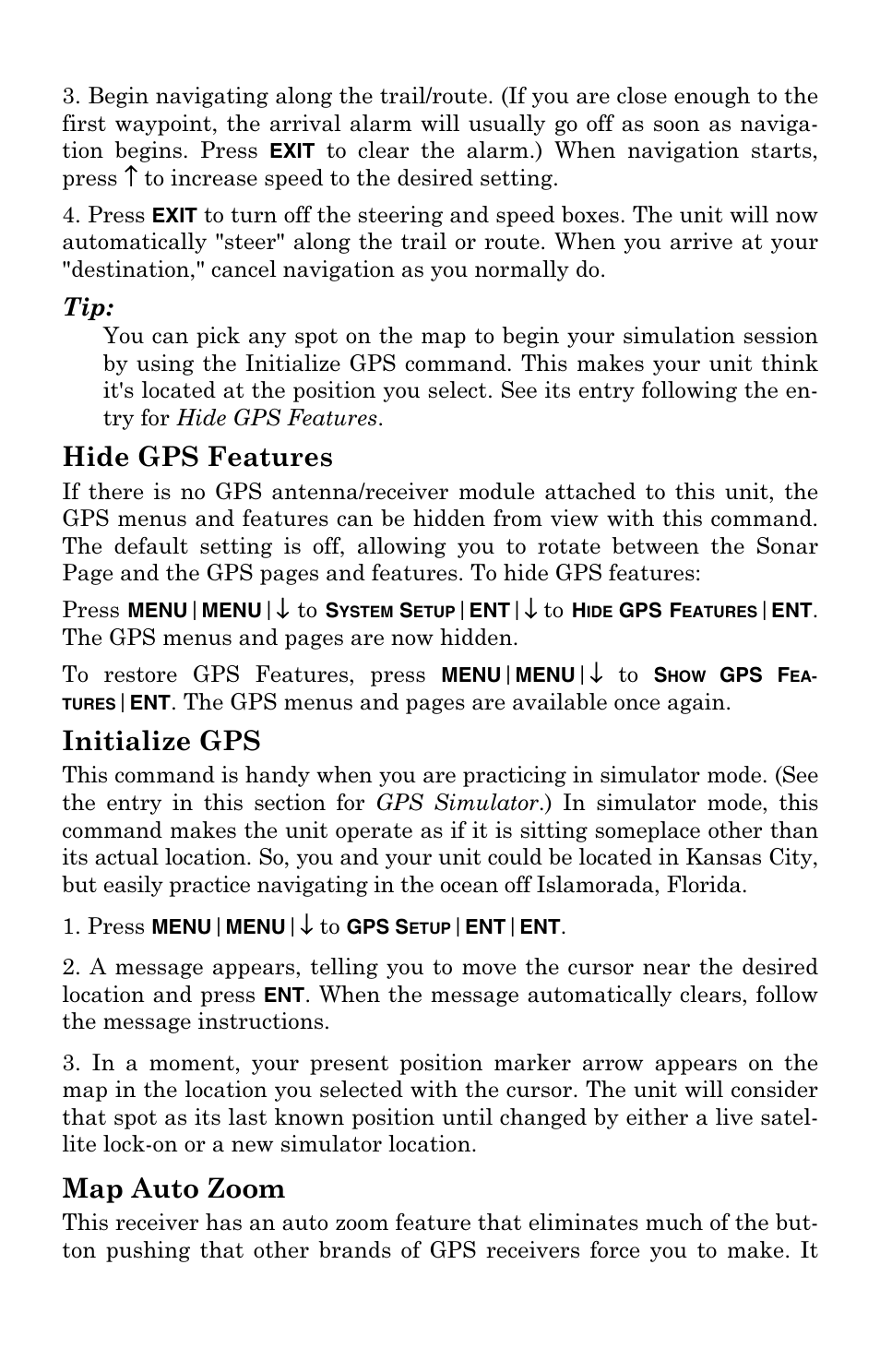 Hide gps features, Initialize gps, Map auto zoom | Eagle Electronics FishElite User Manual | Page 155 / 204