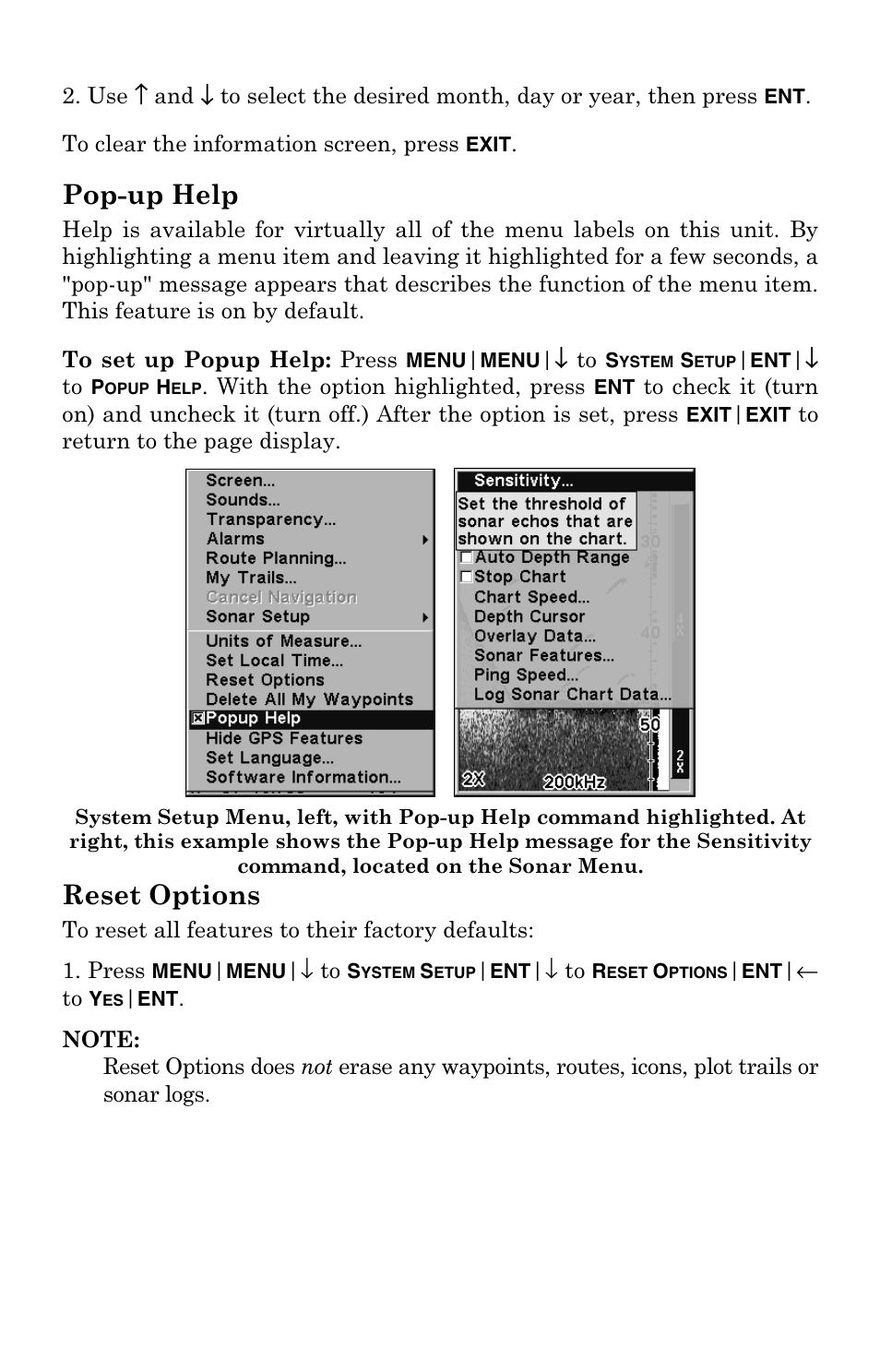 Pop-up help, Reset options | Eagle Electronics FishElite User Manual | Page 166 / 204