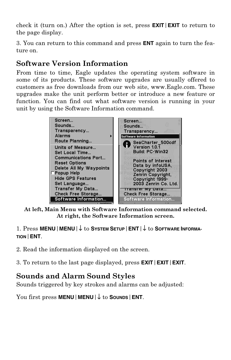 Software version information, Sounds and alarm sound styles | Eagle Electronics FishElite User Manual | Page 170 / 204