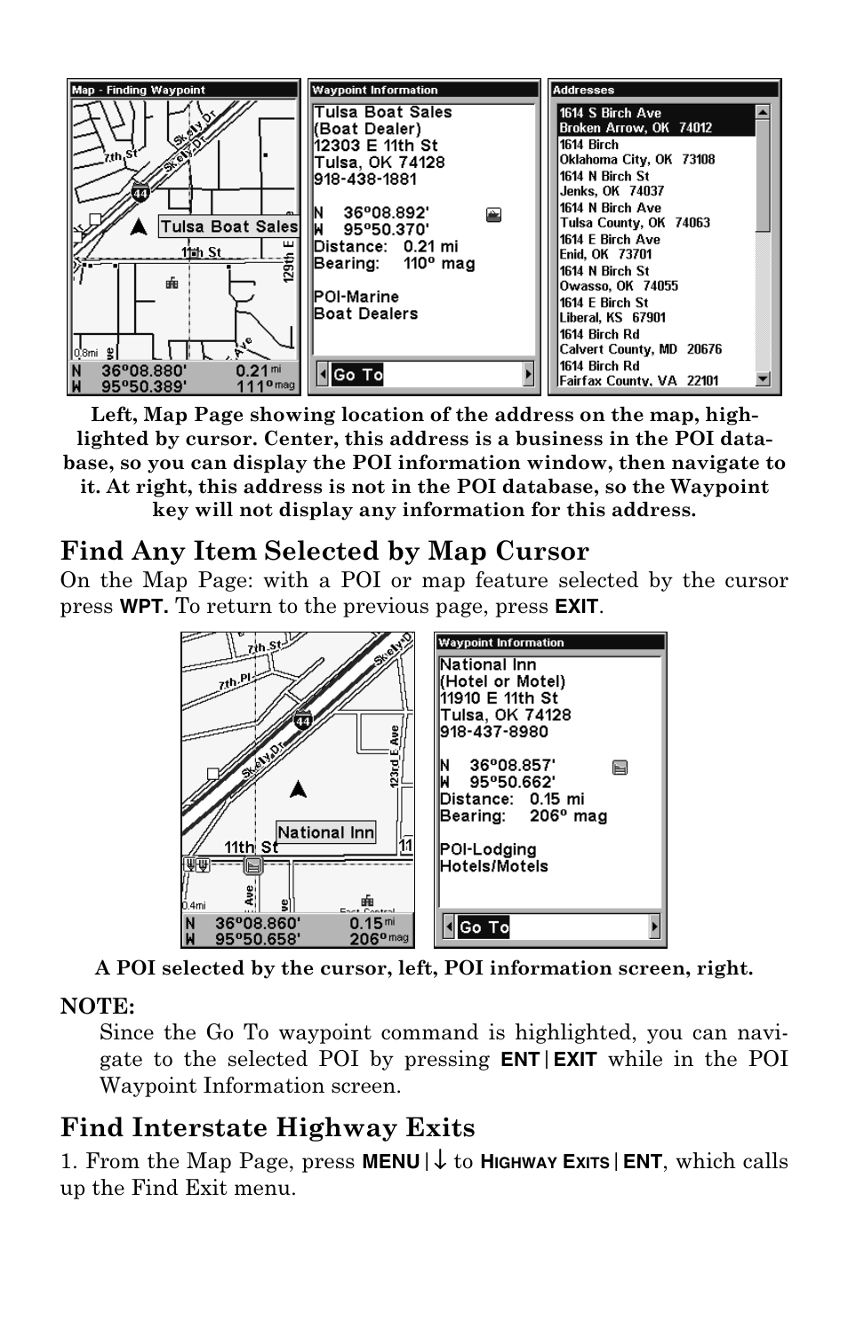 Find any item selected by map cursor, Find interstate highway exits | Eagle Electronics FishElite User Manual | Page 181 / 204