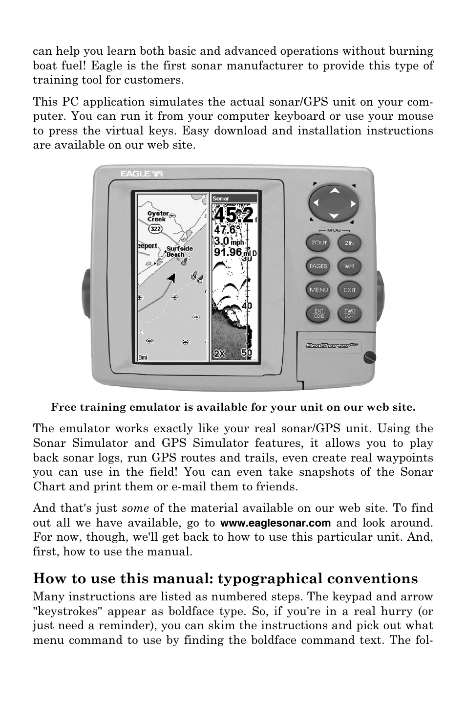 How to use this manual: typographical conventions | Eagle Electronics FishElite User Manual | Page 19 / 204