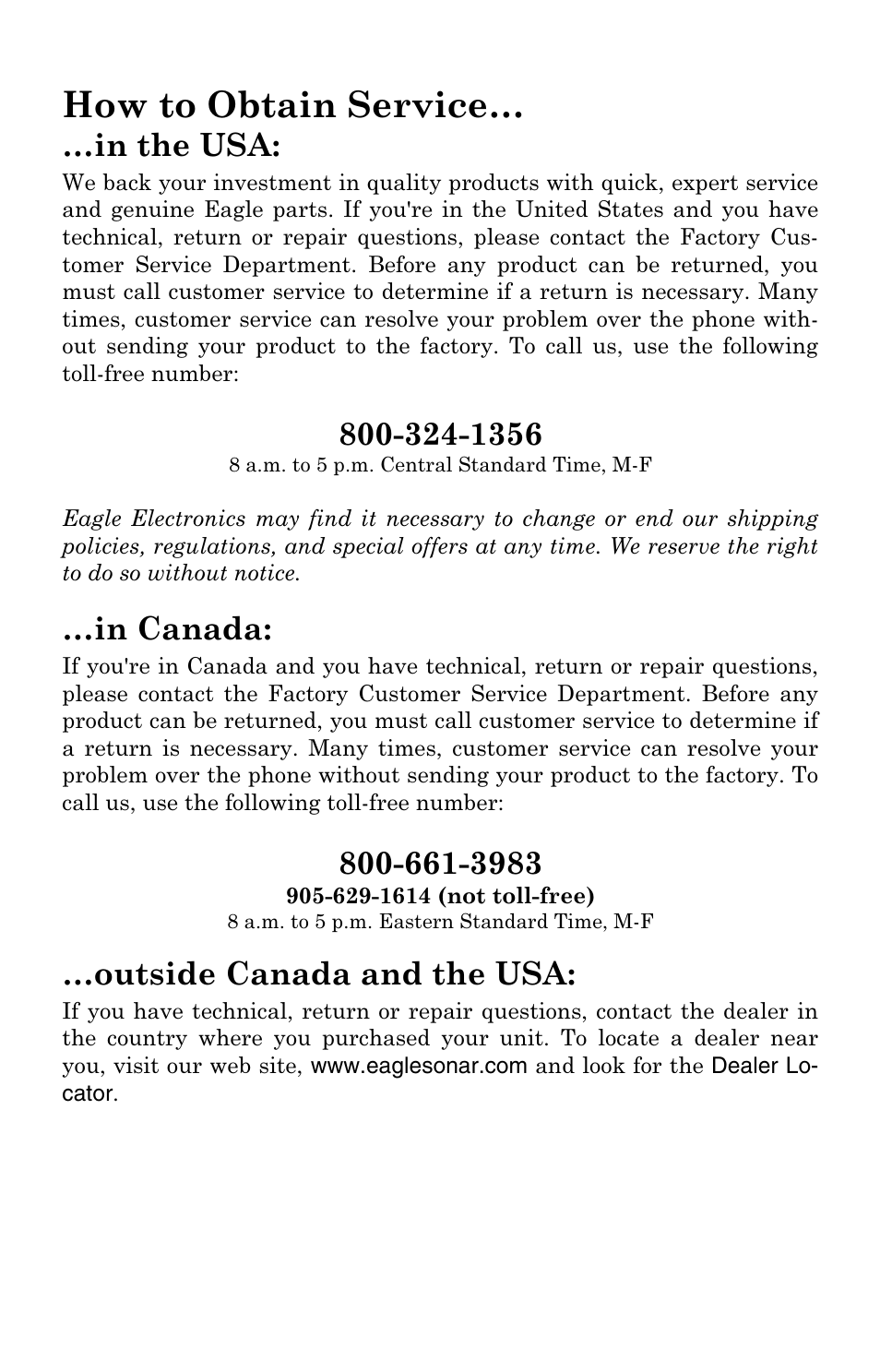 How to obtain service, Outside canada and the usa | Eagle Electronics FishElite User Manual | Page 202 / 204