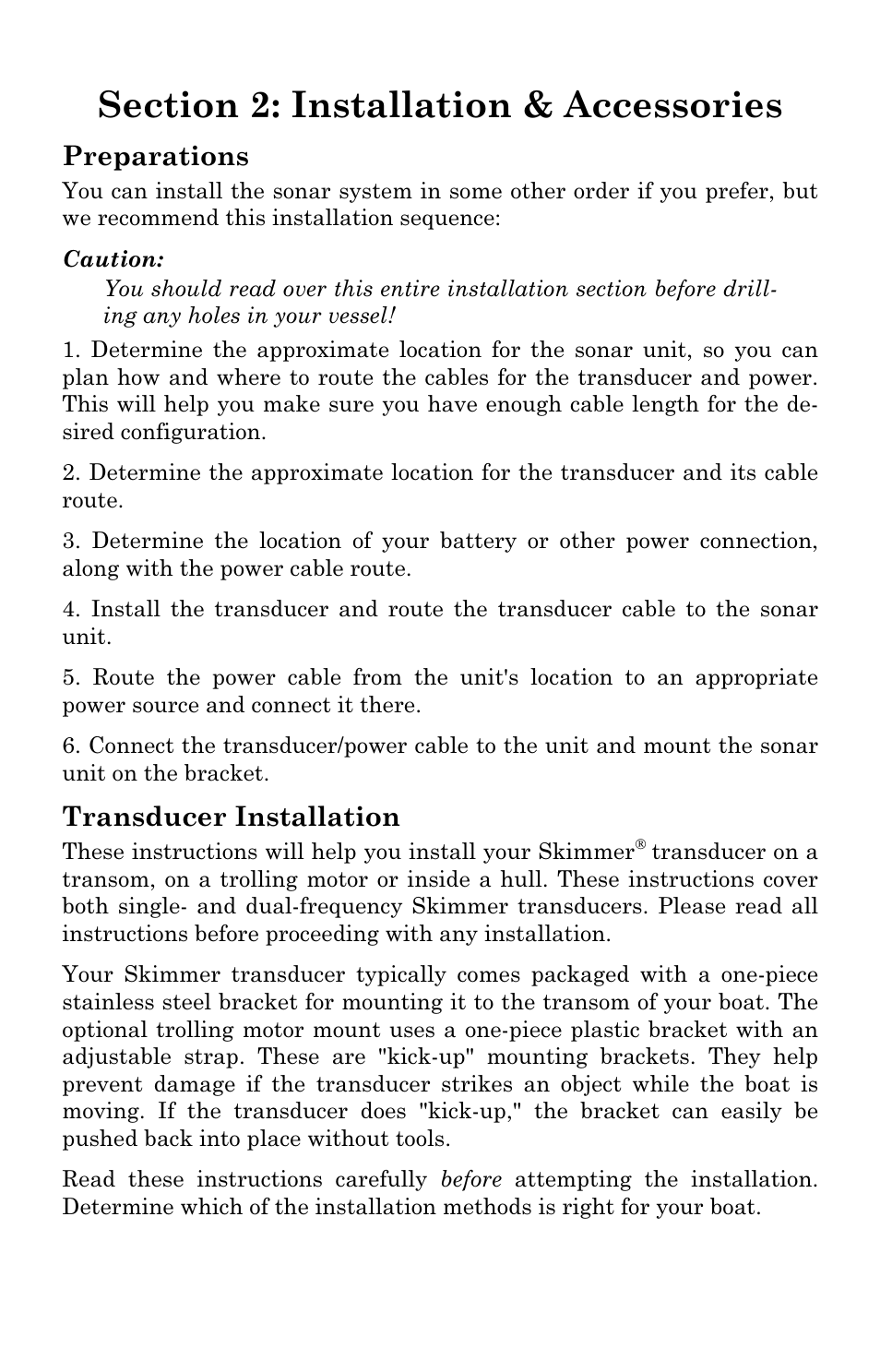 Preparations, Transducer installation | Eagle Electronics FishElite User Manual | Page 23 / 204