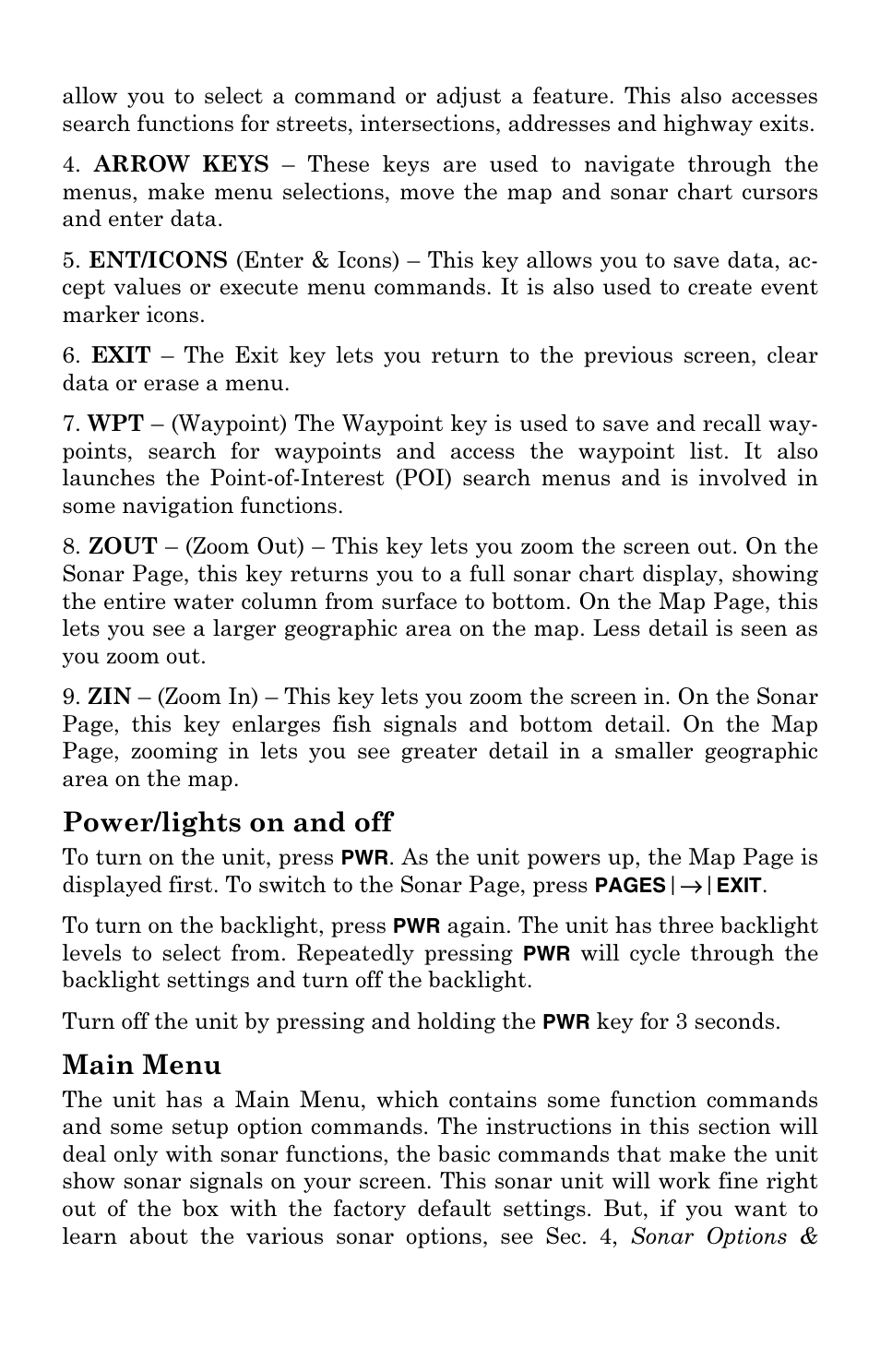 Power/lights on and off, Main menu | Eagle Electronics FishElite User Manual | Page 50 / 204