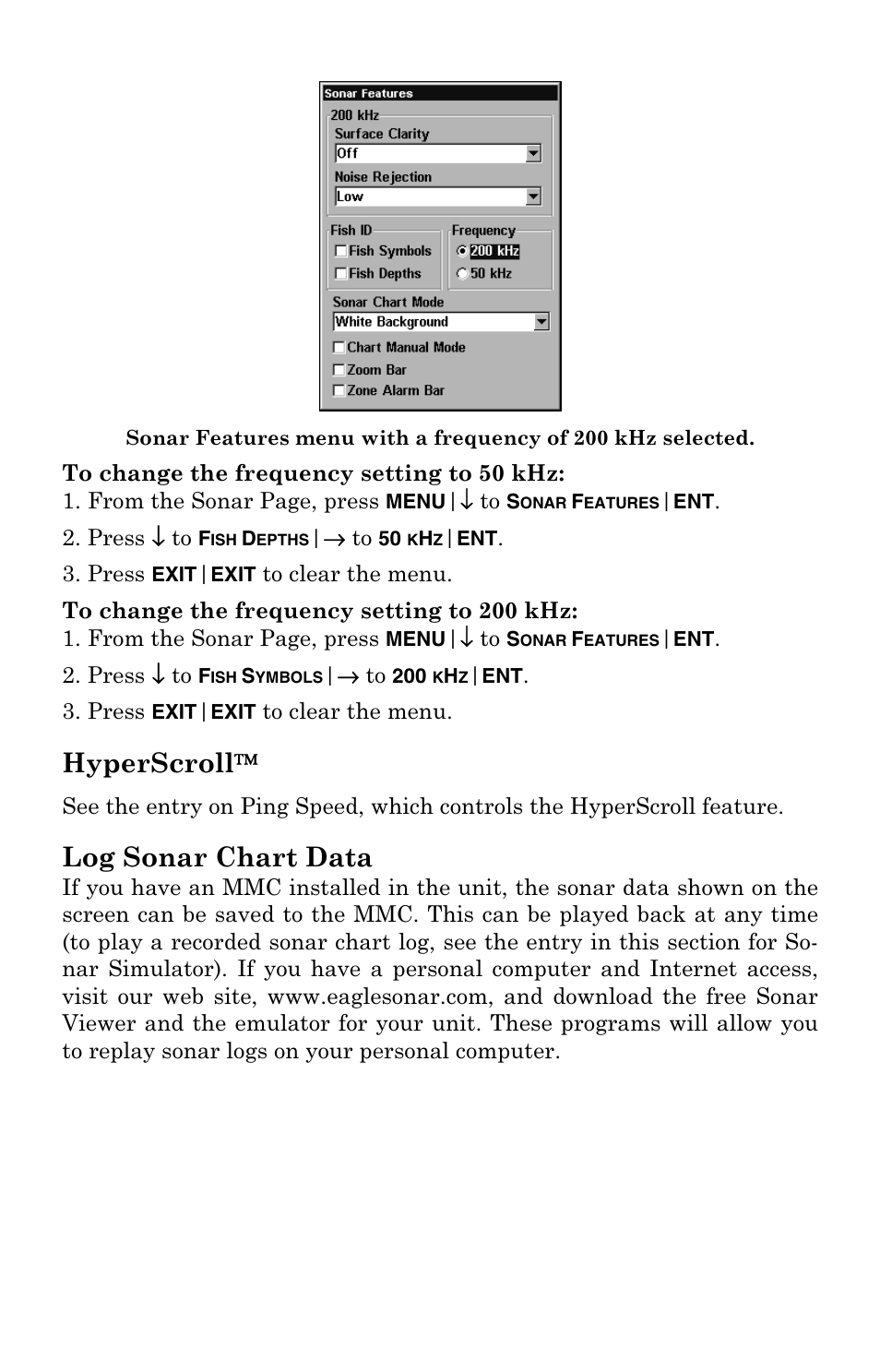 Hyperscroll, Log sonar chart data | Eagle Electronics FishElite User Manual | Page 75 / 204