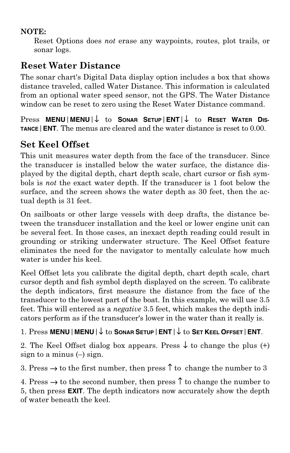 Reset water distance, Set keel offset | Eagle Electronics FishElite User Manual | Page 82 / 204