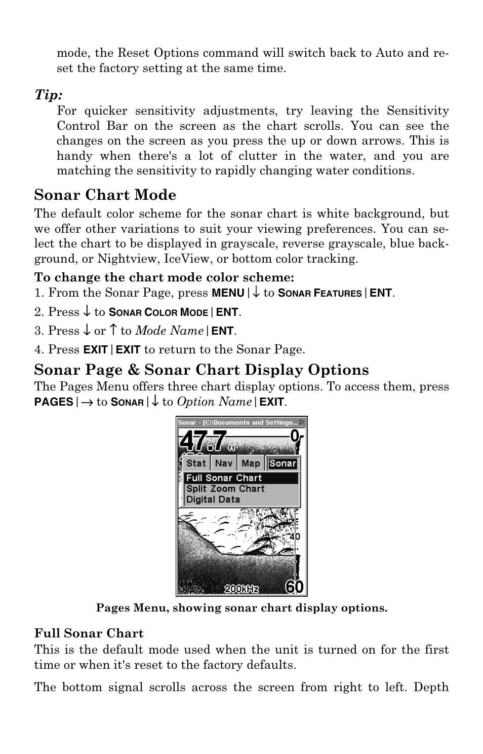 Sonar chart mode, Sonar page & sonar chart display options | Eagle Electronics FishElite User Manual | Page 85 / 204