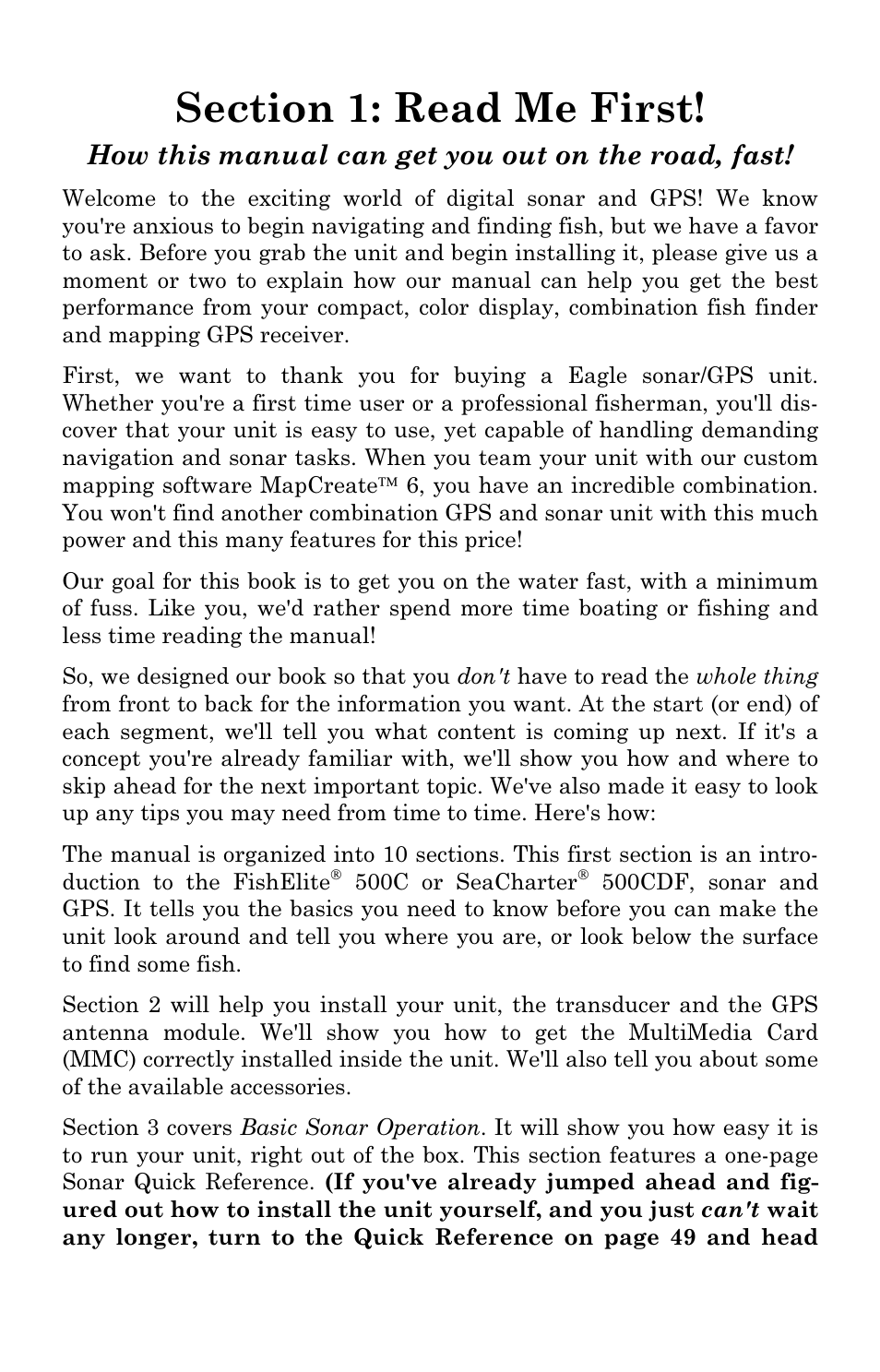 How this manual can get you out on the road, fast | Eagle Electronics FishElite User Manual | Page 9 / 204