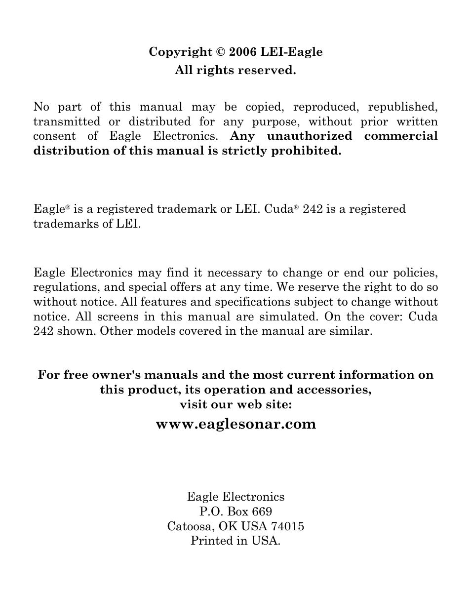 Eagle Electronics CUDA 242 User Manual | Page 2 / 72