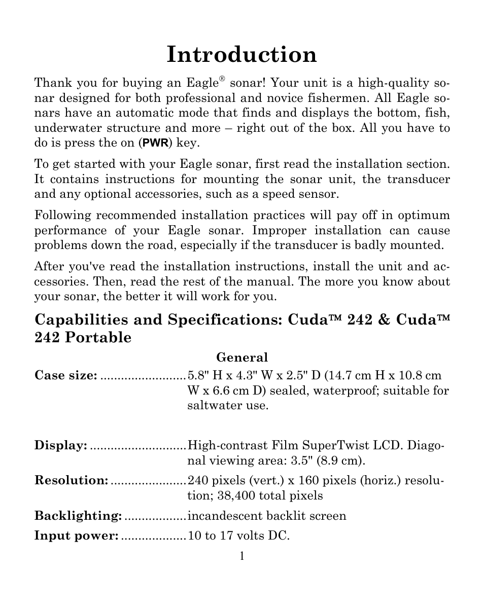 Introduction | Eagle Electronics CUDA 242 User Manual | Page 5 / 72