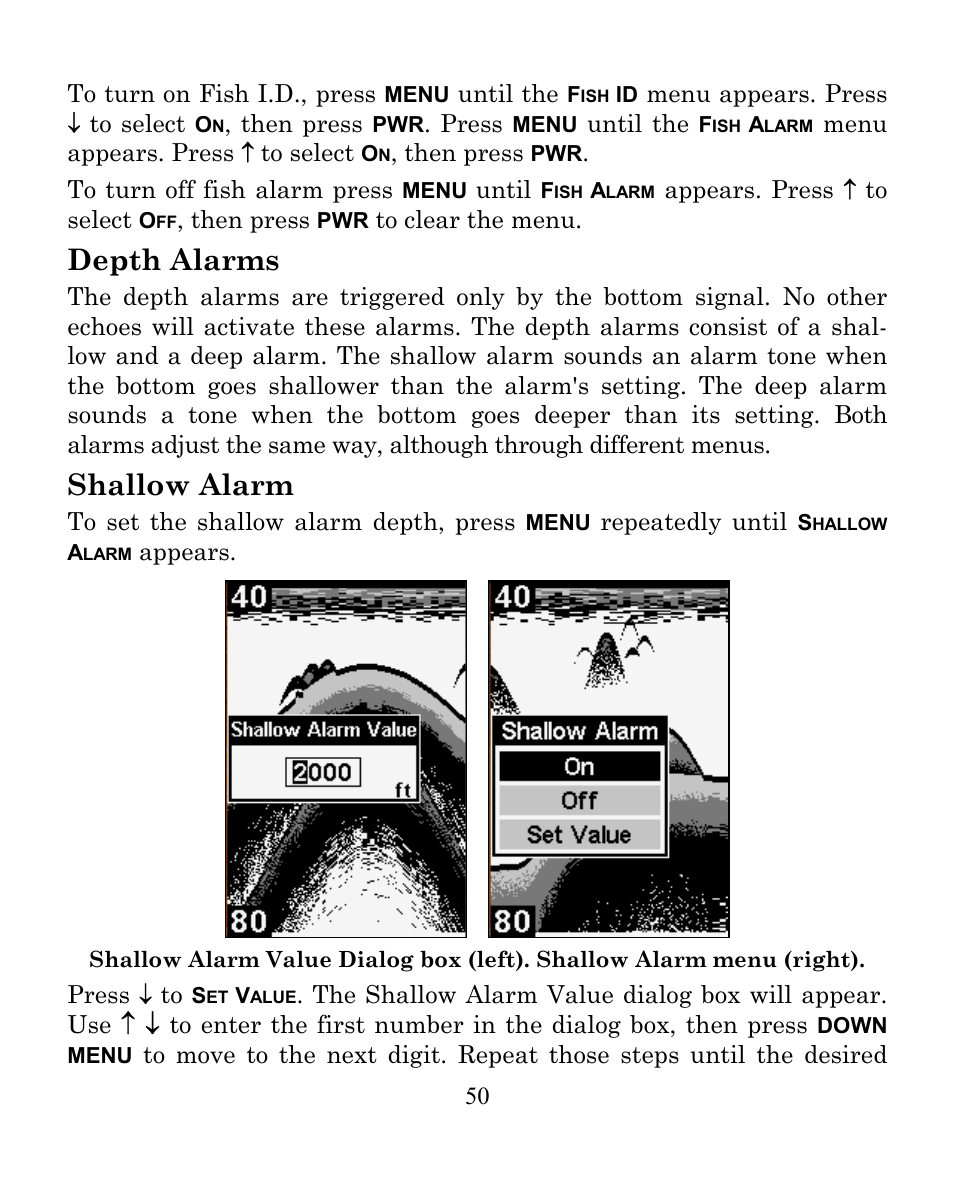 Depth alarms, Shallow alarm | Eagle Electronics CUDA 242 User Manual | Page 54 / 72