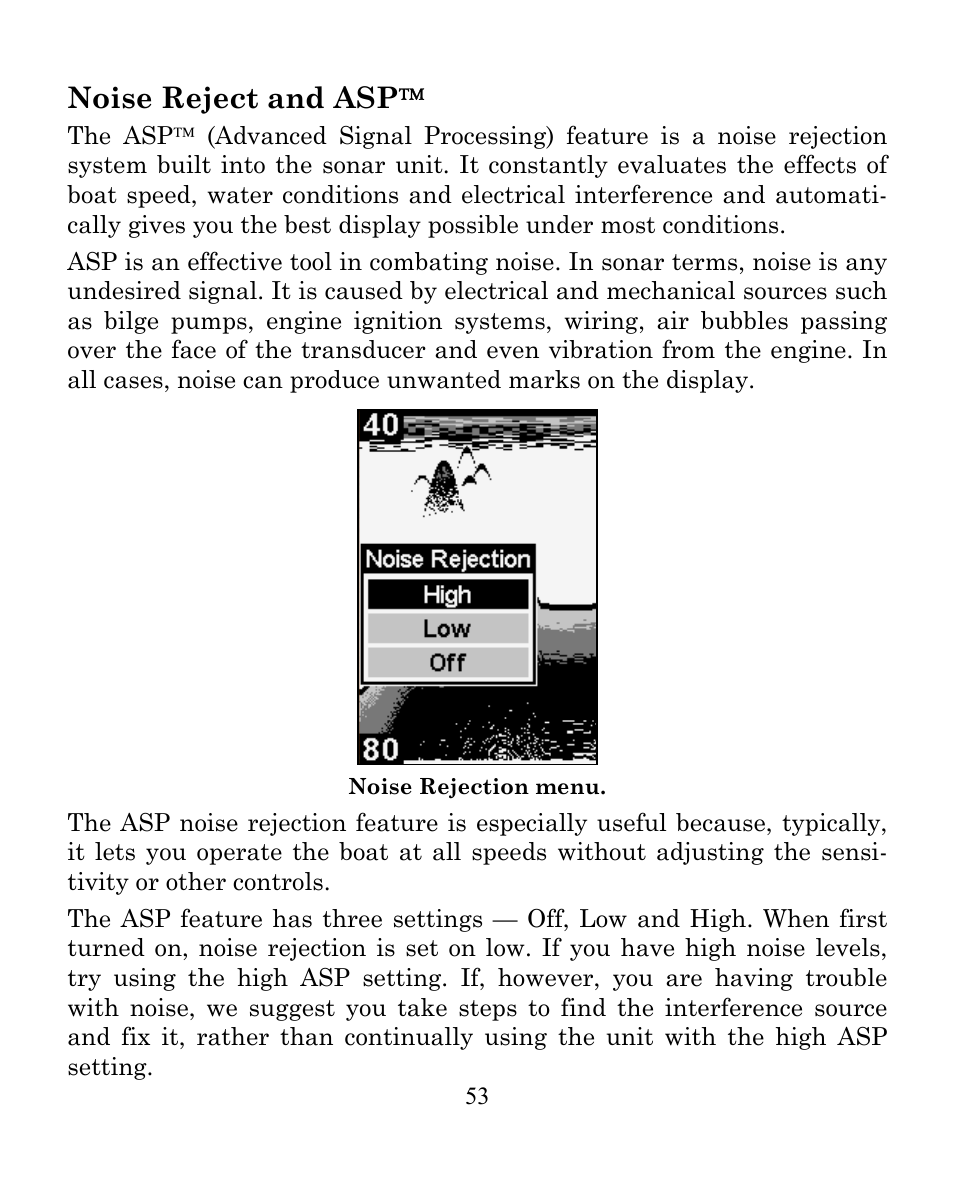 Noise reject and asp | Eagle Electronics CUDA 242 User Manual | Page 57 / 72