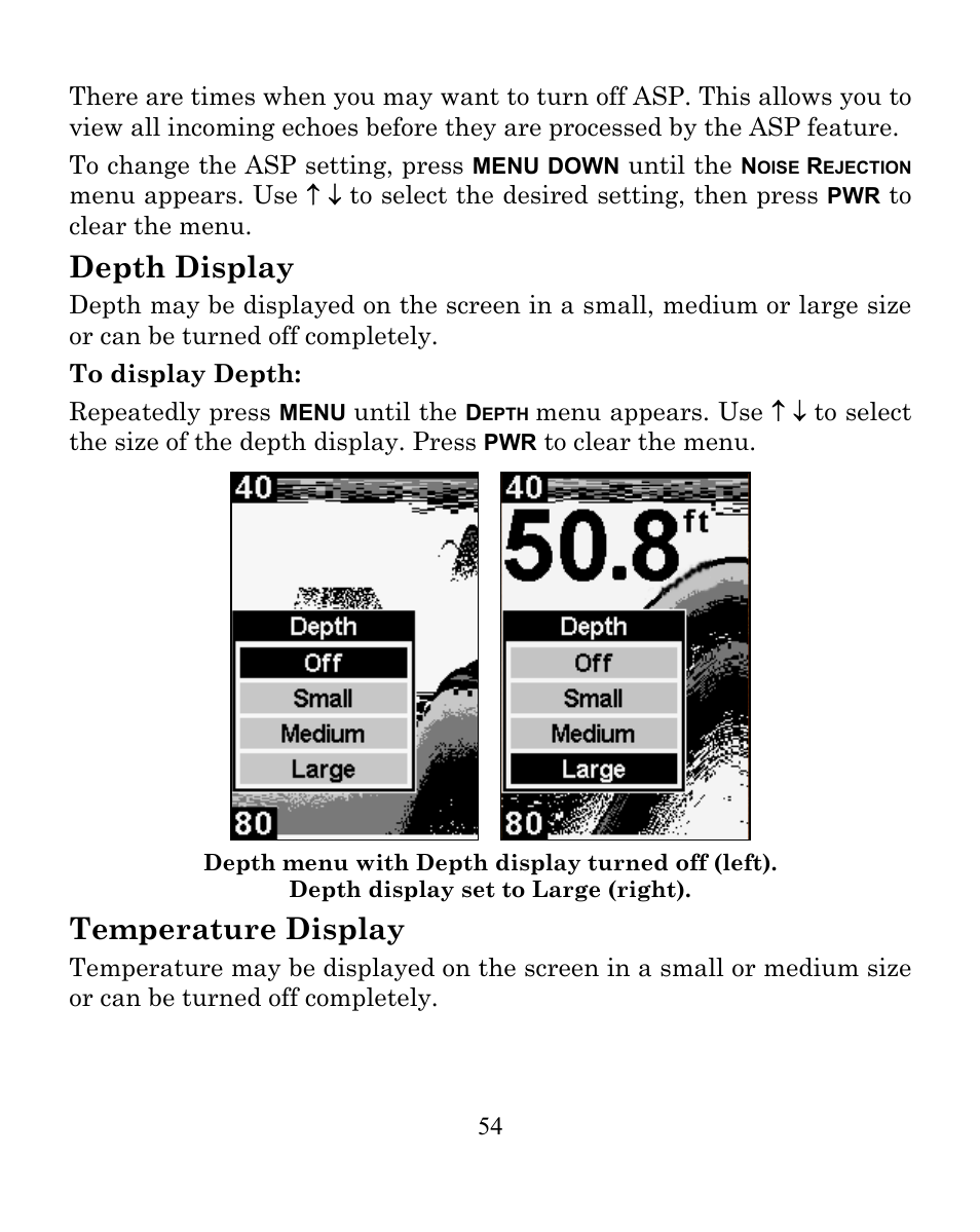 Depth display, Temperature display | Eagle Electronics CUDA 242 User Manual | Page 58 / 72