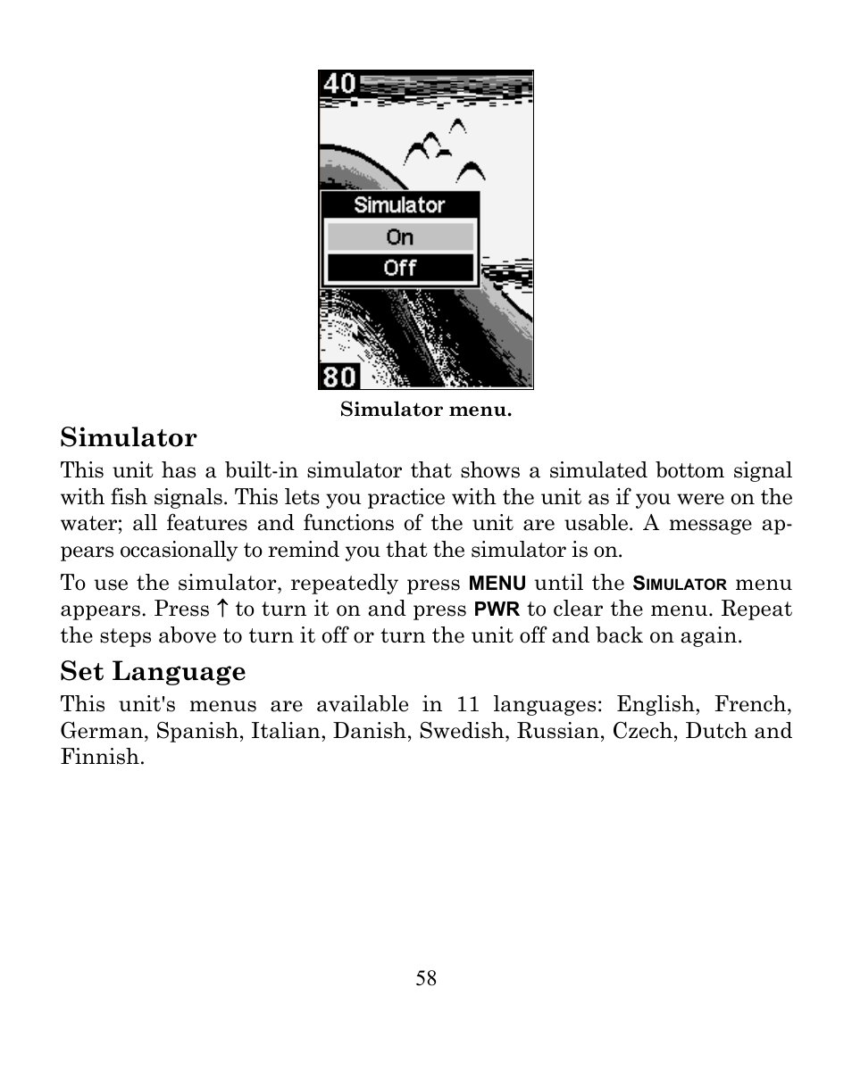 Simulator, Set language | Eagle Electronics CUDA 242 User Manual | Page 62 / 72