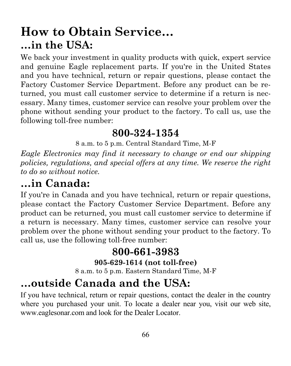 How to obtain service, Outside canada and the usa | Eagle Electronics CUDA 242 User Manual | Page 70 / 72